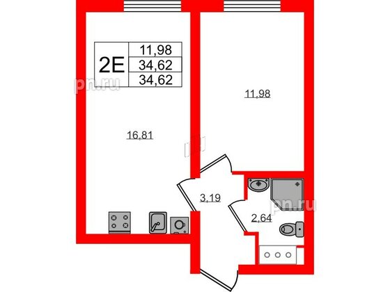 Квартира в ЖК 'Морская миля', 1 комнатная, 34.62 м², 12 этаж