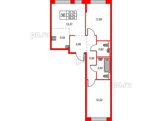 Квартира в ЖК Живи в Рыбацком, 2 комнатная, 59.04 м², 9 этаж