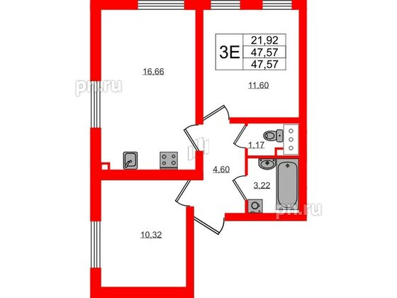 Квартира в ЖК 'Морская миля', 2 комнатная, 47.57 м², 23 этаж