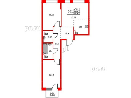 Квартира в ЖК Живи в Рыбацком, 2 комнатная, 60.76 м², 12 этаж