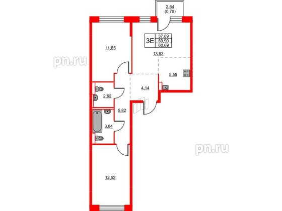 Квартира в ЖК Живи в Рыбацком, 2 комнатная, 60.69 м², 13 этаж