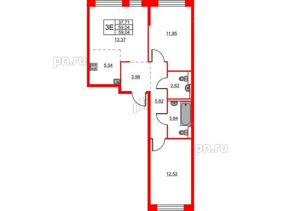 Квартира в ЖК Живи в Рыбацком, 2 комнатная, 59.04 м², 9 этаж