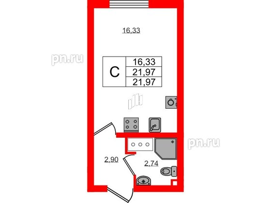 Квартира в ЖК 'Морская миля', студия, 21.97 м², 21 этаж