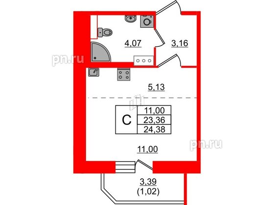 Квартира в ЖК Живи в Рыбацком, студия, 24.38 м², 3 этаж