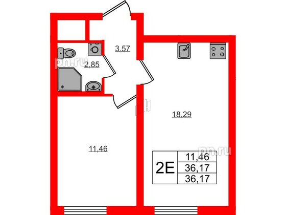 Квартира в ЖК 'Морская миля', 1 комнатная, 36.17 м², 3 этаж