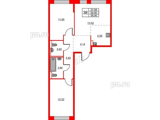 Квартира в ЖК Живи в Рыбацком, 2 комнатная, 59.9 м², 12 этаж