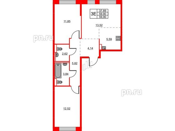 Квартира в ЖК Живи в Рыбацком, 2 комнатная, 59.9 м², 13 этаж