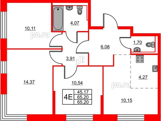 Квартира в ЖК Живи в Рыбацком, 3 комнатная, 65.2 м², 2 этаж