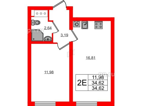 Квартира в ЖК 'Морская миля', 1 комнатная, 34.62 м², 7 этаж