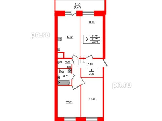 Квартира в ЖК Живи в Рыбацком, 3 комнатная, 74.21 м², 10 этаж