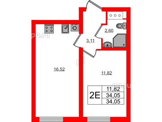 Квартира в ЖК 'Морская миля', 1 комнатная, 34.05 м², 5 этаж