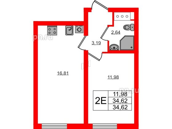 Квартира в ЖК 'Морская миля', 1 комнатная, 34.62 м², 7 этаж