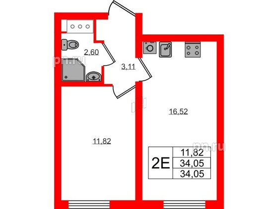 Квартира в ЖК 'Морская миля', 1 комнатная, 34.05 м², 4 этаж