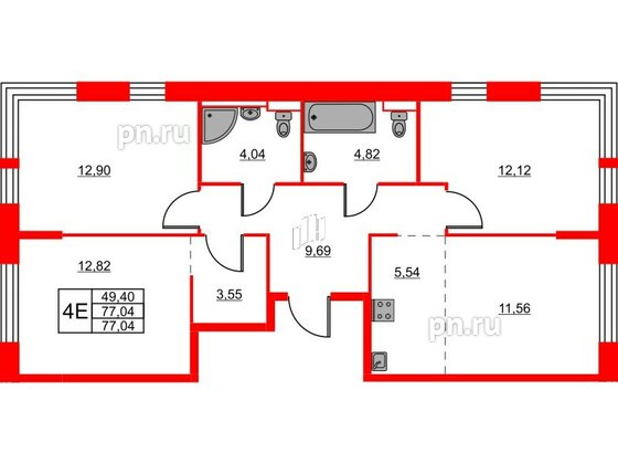 Квартира в ЖК Живи в Рыбацком, 3 комнатная, 77.04 м², 6 этаж