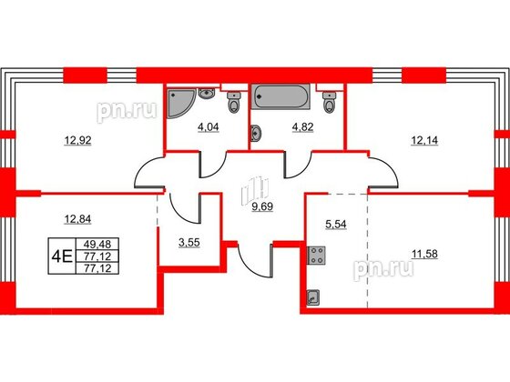 Квартира в ЖК Живи в Рыбацком, 3 комнатная, 77.12 м², 9 этаж