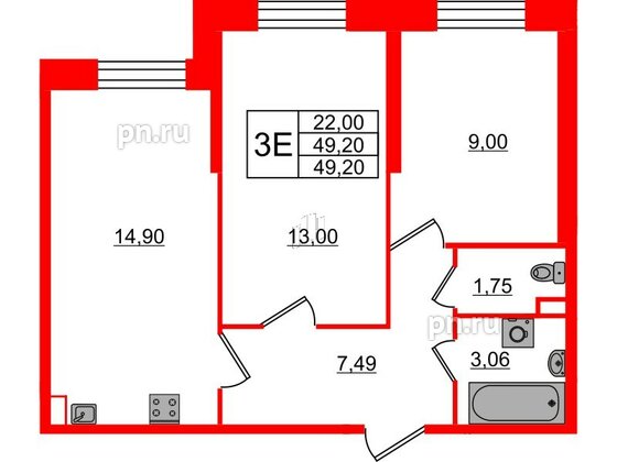 Квартира в ЖК Живи в Рыбацком, 2 комнатная, 49.2 м², 1 этаж