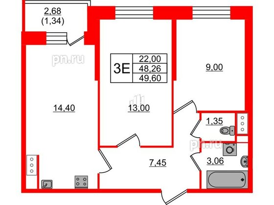 Квартира в ЖК Живи в Рыбацком, 2 комнатная, 49.6 м², 4 этаж