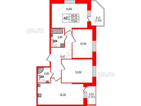 Квартира в ЖК Живи в Рыбацком, 3 комнатная, 75.64 м², 6 этаж