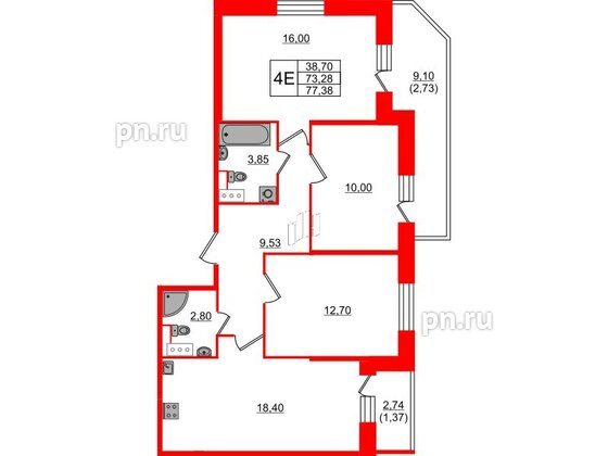 Квартира в ЖК Живи в Рыбацком, 3 комнатная, 77.38 м², 11 этаж