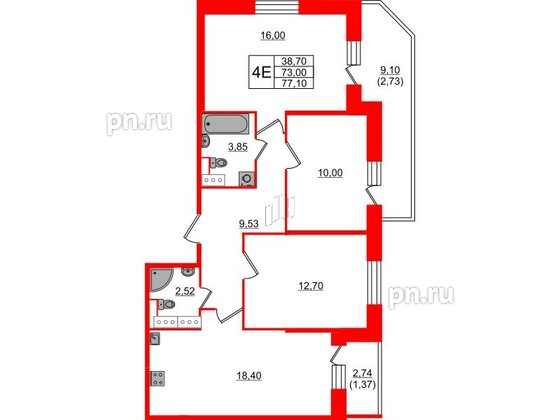 Квартира в ЖК Живи в Рыбацком, 3 комнатная, 77.1 м², 14 этаж