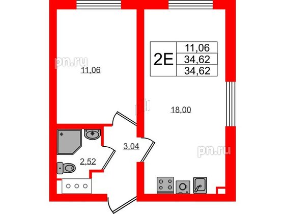 Квартира в ЖК 'Морская миля', 1 комнатная, 34.62 м², 3 этаж