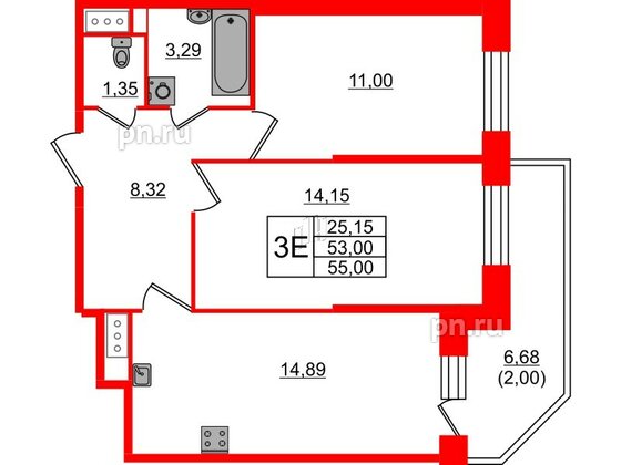 Квартира в ЖК Живи в Рыбацком, 2 комнатная, 55 м², 12 этаж