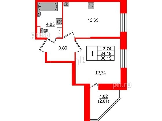 Квартира в ЖК Живи в Рыбацком, 1 комнатная, 36.19 м², 11 этаж