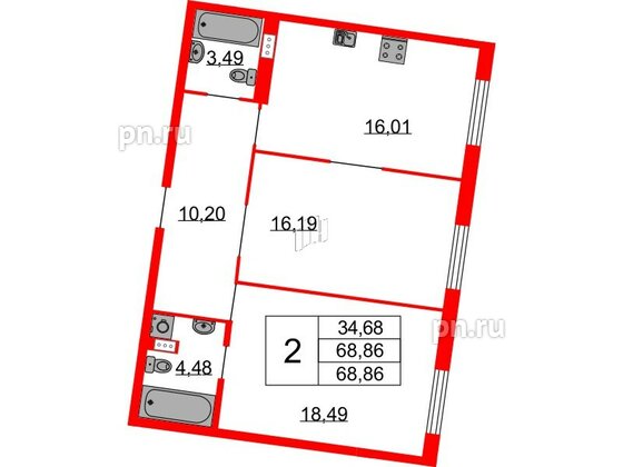 Квартира в ЖК Бакунина 33 ЖК, 2 комнатная, 68.86 м², 5 этаж