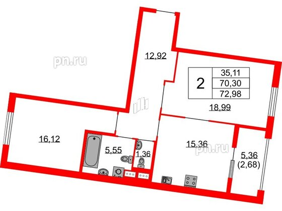 Квартира в ЖК Бакунина 33 ЖК, 2 комнатная, 72.98 м², 3 этаж