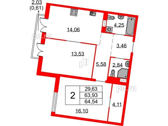 Квартира в ЖК Бакунина 33 ЖК, 2 комнатная, 64.54 м², 6 этаж