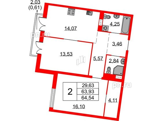 Квартира в ЖК Бакунина 33 ЖК, 2 комнатная, 64.54 м², 7 этаж