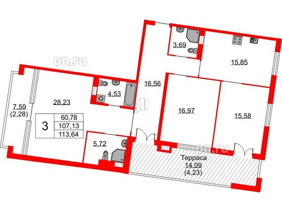 Квартира в ЖК Бакунина 33 ЖК, 3 комнатная, 113.64 м², 8 этаж