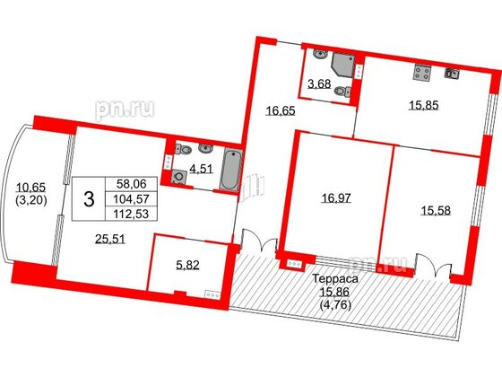 Квартира в ЖК Бакунина 33 ЖК, 3 комнатная, 112.53 м², 9 этаж