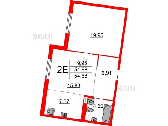 Квартира в ЖК Бакунина 33 ЖК, 1 комнатная, 54.68 м², 3 этаж