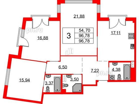 Квартира в ЖК Бакунина 33 ЖК, 3 комнатная, 96.78 м², 3 этаж