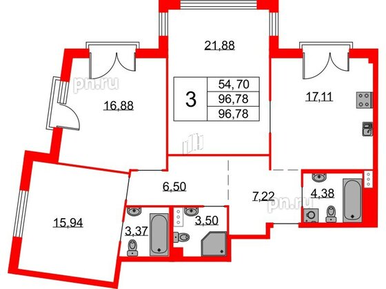 Квартира в ЖК Бакунина 33 ЖК, 3 комнатная, 96.78 м², 4 этаж