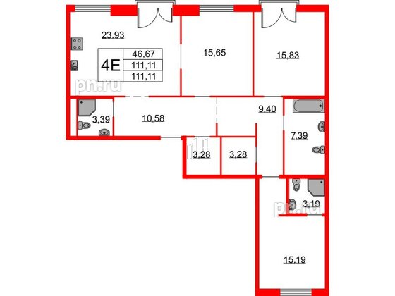 Квартира в ЖК Бакунина 33 ЖК, 3 комнатная, 111.11 м², 2 этаж