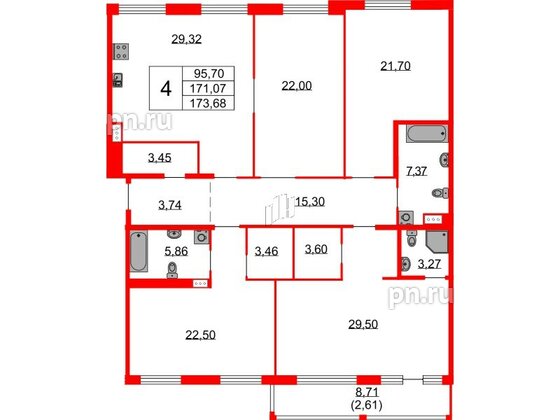 Квартира в ЖК Бакунина 33 ЖК, 4 комнатная, 173.68 м², 8 этаж