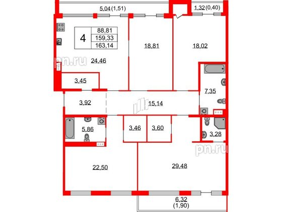 Квартира в ЖК Бакунина 33 ЖК, 4 комнатная, 163.14 м², 9 этаж