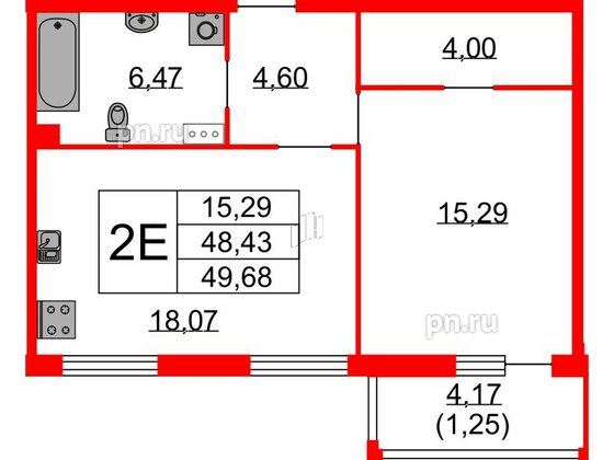 Квартира в ЖК Бакунина 33 ЖК, 1 комнатная, 49.68 м², 6 этаж