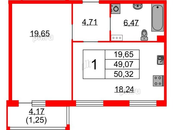 Квартира в ЖК Бакунина 33 ЖК, 1 комнатная, 50.32 м², 5 этаж