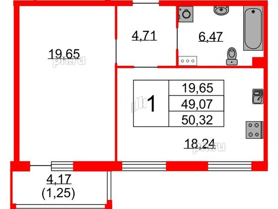 Квартира в ЖК Бакунина 33 ЖК, 1 комнатная, 50.32 м², 6 этаж