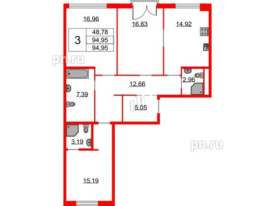 Квартира в ЖК Бакунина 33 ЖК, 3 комнатная, 94.95 м², 2 этаж