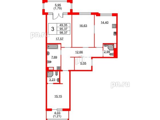 Квартира в ЖК Бакунина 33 ЖК, 3 комнатная, 98.37 м², 7 этаж