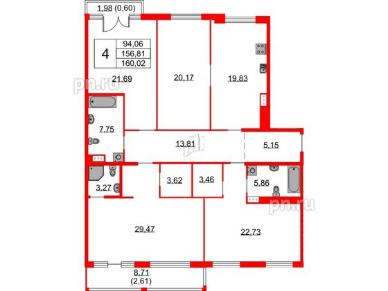 Квартира в ЖК Бакунина 33 ЖК, 4 комнатная, 160.02 м², 8 этаж