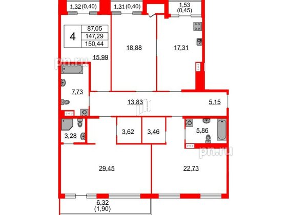 Квартира в ЖК Бакунина 33 ЖК, 4 комнатная, 150.44 м², 9 этаж