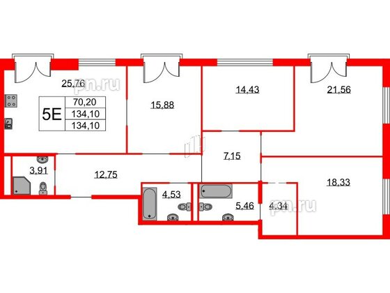 Квартира в ЖК Бакунина 33 ЖК, 4 комнатная, 134.1 м², 2 этаж