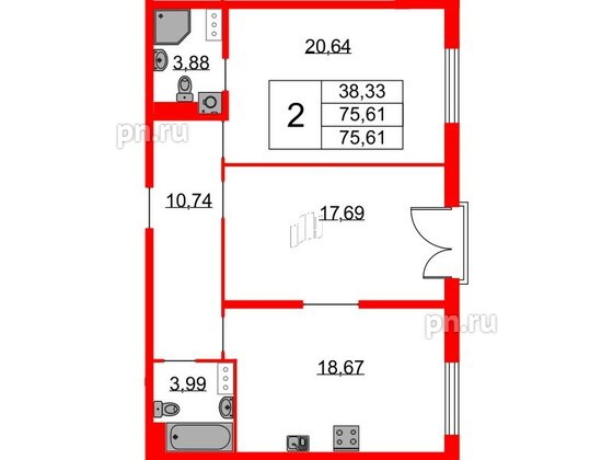 Квартира в ЖК Бакунина 33 ЖК, 2 комнатная, 75.61 м², 4 этаж