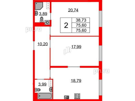 Квартира в ЖК Бакунина 33 ЖК, 2 комнатная, 75.6 м², 7 этаж