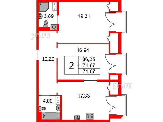 Квартира в ЖК Бакунина 33 ЖК, 2 комнатная, 71.67 м², 9 этаж